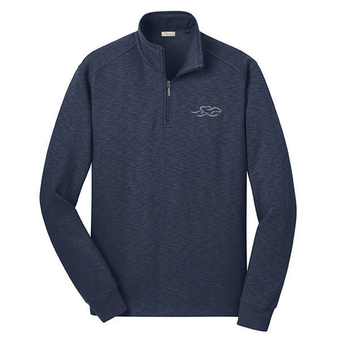 A navy sophisticated qtr-zip pullover. EMBRACE THE RACE logo embroidered on left chest.