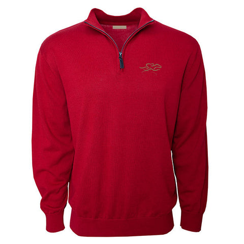Cardinal colored cotton qtr zip sweater with EMBRACE THE RACE icon embroidered on the left chest. Lightly ribbed at wrist and waist for perfect fit.