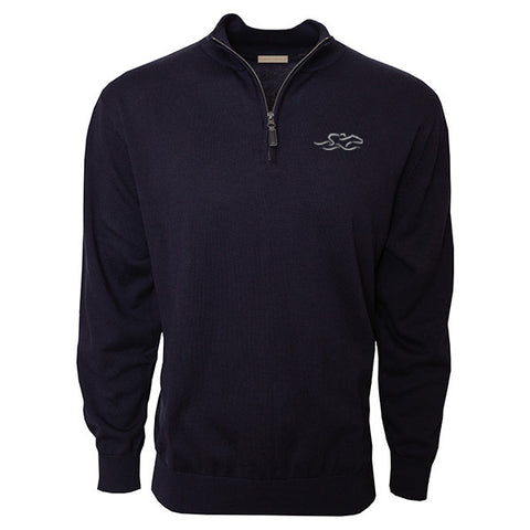 Navy cotton qtr zip sweater with EMBRACE THE RACE icon embroidered on the left chest. Lightly ribbed at wrist and waist for perfect fit.