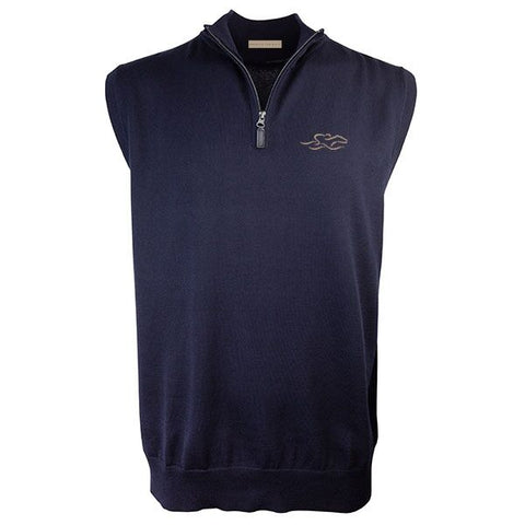 Navy cotton qtr zip vest with EMBRACE THE RACE icon embroidered on the left chest.