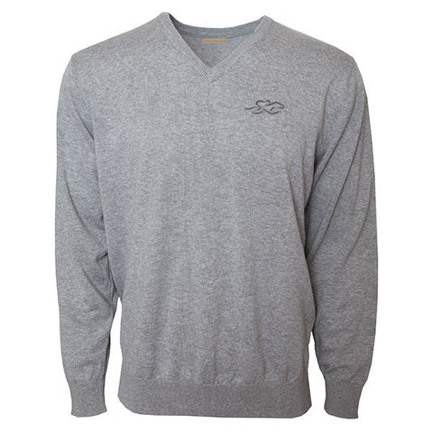 Classic gray v neck cotton sweater with ribbed wrist and hem. 