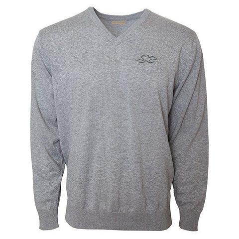 Classic gray v neck cotton sweater with ribbed wrist and hem.