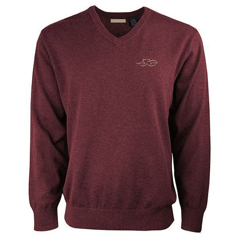 Wine colored classic cotton v neck pullover sweater.  EMBRACE THE RACE icon on the left chest. 