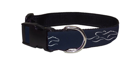 Adjustable dog collar with our signature navy EMBRACE THE RACE ribbon. Black hardware and a nickel D ring