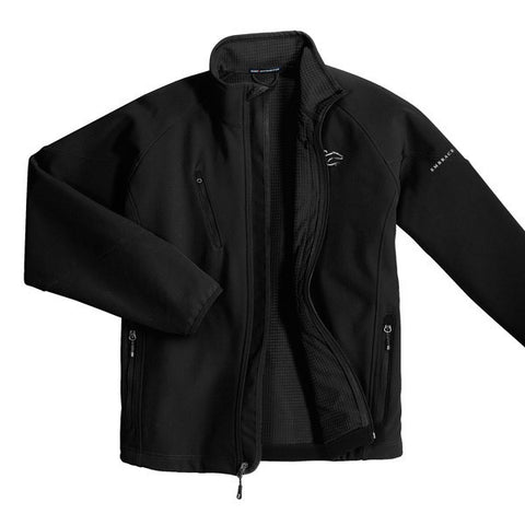 A black soft shell textured jacket with EMBRACE THE RACE logo embroidered on left chest.