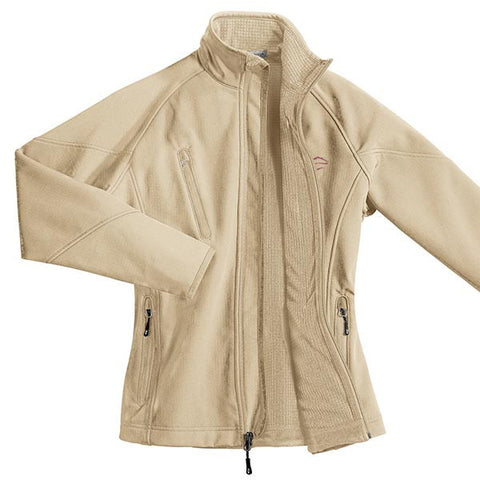 A pearl colored soft shell textured jacket with EMBRACE THE RACE logo embroidered on left chest.