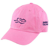 A toddler size garment washed cotton twill hot pink hat with navy icon, elastic back for comfort fit. EMBRACE THE RACE icon center front and wordmark on the side.
