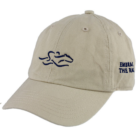 A toddler size garment washed cotton twill stone hat with navy icon, elastic back for comfort fit. EMBRACE THE RACE icon center front and wordmark on the side.