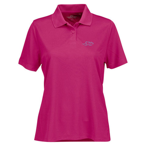 A performance micro-mesh knit polo in hot pink with a 2-button placket. EMBRACE THE RACE logo embroidered on left chest.