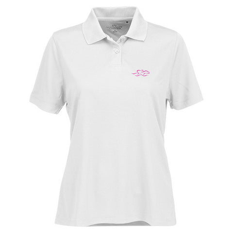 A performance micro-mesh knit polo in white with a 2-button placket. EMBRACE THE RACE logo embroidered on left chest.  