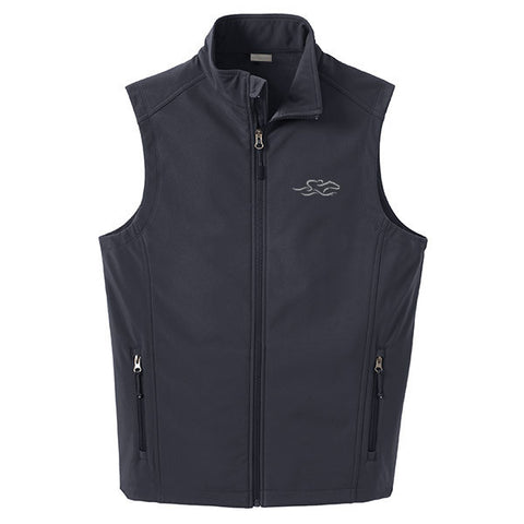 A stone soft shell versatile vest with EMBRACE THE RACE logo embroidered on left chest.