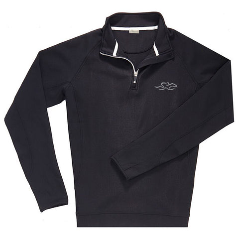 A knitted black performance fabric that is highly water resistant. This 1/4 zip pullover is adorned with metal zipper at neck. EMBRACE THE RACE icon embroidered on left chest.