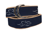 A womens signature ribbon belt featuring navy ribbon with our white icon stitched on a canvas tan backing.