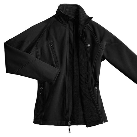A black textured soft shell jacket with a white EMBRACE THE RACE icon on the front left chest.