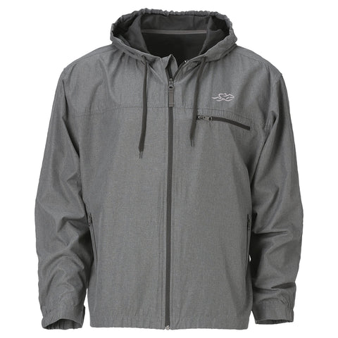 Lightweight gray polyester full zip hooded rain jacket with charcoal colored accent zippered chest pocket and EMBRACE THE RACE icon on left chest.  
