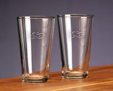 A set of 16 ounce durable glass ale glasses beautifully etched with the EMBRACE THE RACE icon.