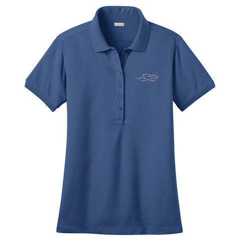 A classic stretch performance polo in blue with the EMBRACE THE RACE logo embroidered on left chest.