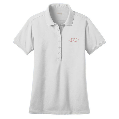 A classic stretch performance polo in white with the EMBRACE THE RACE logo embroidered on left chest.
