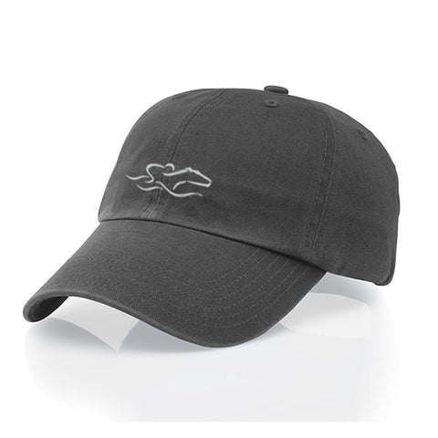 A garment washed cotton twill charcoal gray hat with relaxed crown and adjustable buckle. EMBRACE THE RACE icon center front and wordmark on the back.