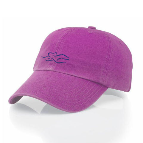 A garment washed cotton twill hot pink hat with relaxed crown and adjustable buckle. EMBRACE THE RACE icon center front and wordmark on the back.
