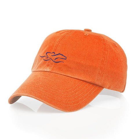 A garment washed cotton twill orange hat with relaxed crown and adjustable buckle. EMBRACE THE RACE icon center front and wordmark on the back.