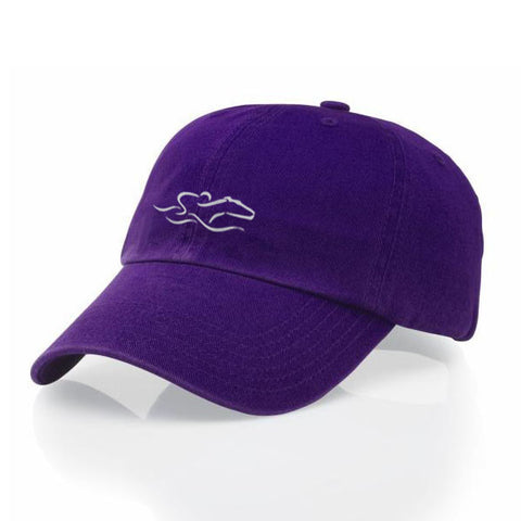 A garment washed cotton twill purple hat with relaxed crown and adjustable buckle. EMBRACE THE RACE icon center front and wordmark on the back.