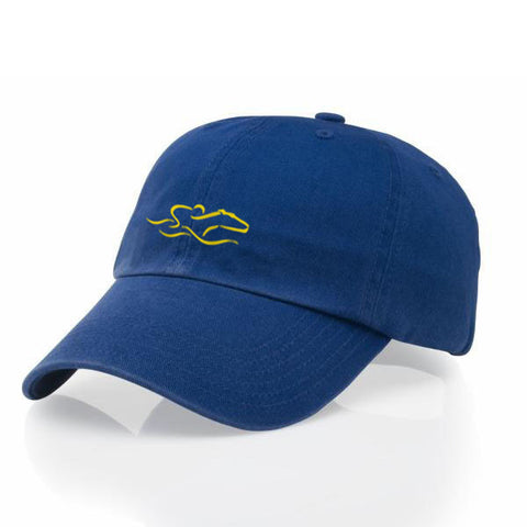 A garment washed cotton twill royal hat with relaxed crown and adjustable buckle. EMBRACE THE RACE icon center front and wordmark on the back.