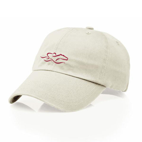 A garment washed cotton twill stone hat/cardinal icon with relaxed crown and adjustable buckle. EMBRACE THE RACE icon center front and wordmark on the back.