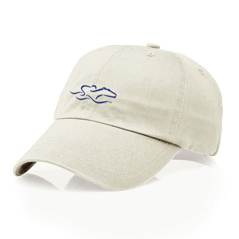 A garment washed cotton twill stone hat/navy icon with relaxed crown and adjustable buckle. EMBRACE THE RACE icon center front and wordmark on the back.
