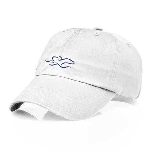 A garment washed cotton twill white hat with relaxed crown and adjustable buckle. EMBRACE THE RACE icon center front and wordmark on the back.