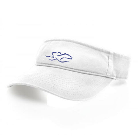 A classic white visor with an adjustable backstrap. EMBRACE THE RACE icon center front wordmark on the backstrap.