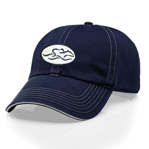 A relaxed fit patch style hat in navy blue with white stitching. EMBRACE THE RACE icon center front in a patch style with navy icon on a white patch and wordmark on the back.
