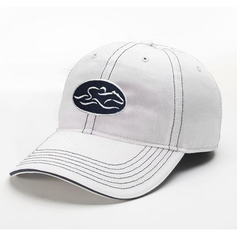 A relaxed fit patch style hat in white with navy stitching. EMBRACE THE RACE icon center front in a patch style with white icon on a navy patch and wordmark on the back.