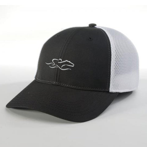 A lightweight performance airmesh hat with a casual structured brim in black and white. EMBRACE THE RACE icon center front and wordmark on the back.