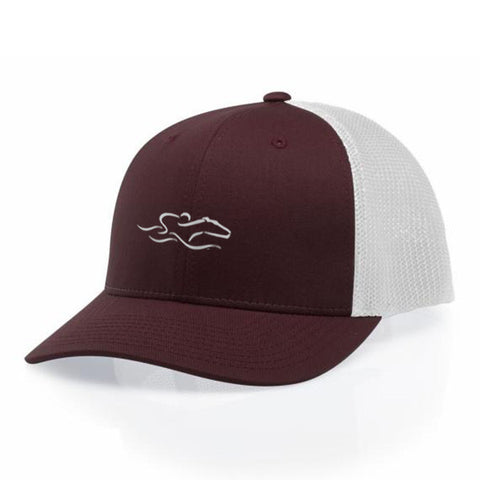 A cardinal mesh back low profile structured hat. EMBRACE THE RACE icon center front and wordmark inside a patch look on the back.