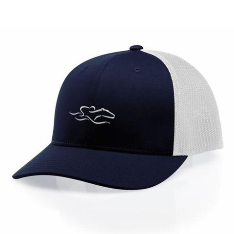 A navy mesh back low profile structured hat. EMBRACE THE RACE icon center front and wordmark inside a patch look on the back.