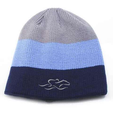An uncuffed tri-color knit beanie in gray, columbia blue and navy. EMBRACE THE RACE icon center front and wordmark on the back