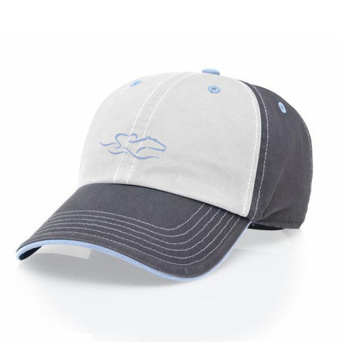 A tri-color adjustable relaxed fit hat in gray, blue and white. EMBRACE THE RACE icon center front and wordmark on the back.