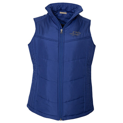 navy puffy full zip vest with EMBRACE THE RACE logo embroidered on the left chest.  