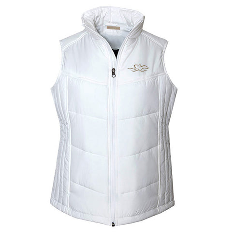 White puffy full zip vest with EMBRACE THE RACE logo embroidered on the left chest. 