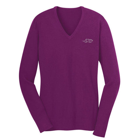 A fine gauge knit v neck sweater in berry.  EMBRACE THE RACE logo embroidered on left chest.