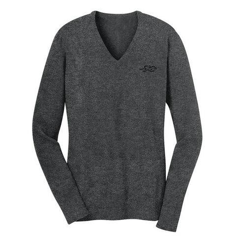 A fine gauge knit v neck sweater in gray.  EMBRACE THE RACE logo embroidered on left chest.