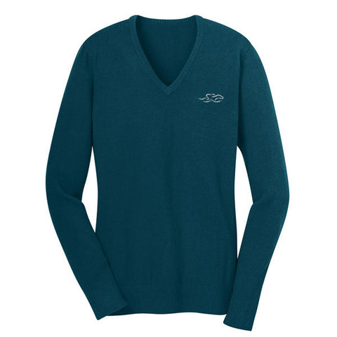 A fine gauge knit v neck sweater in turquoise.  EMBRACE THE RACE logo embroidered on left chest.