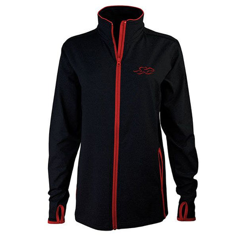 Black full zip fitted jacket with contrasting red zipper and trim.  Beautifully decorated with a matching EMBRACE THE RACE icon embroidered on the left chest.  Thumbholes for the perfect sporty look!  