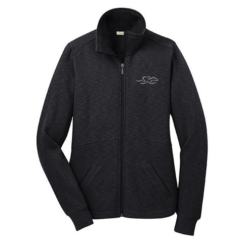 A full zip sophisticated fleece jacket in black. EMBRACE THE RACE logo embroidered on left chest.