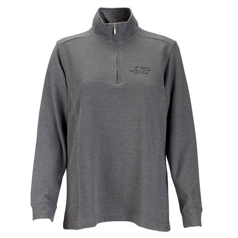 A harbor rib quarter zip sweater in gray.  EMBRACE THE RACE logo embroidered on left chest.