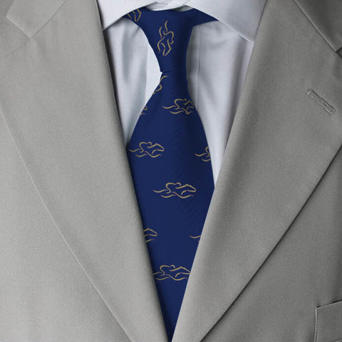 Beautiful navy blue 100% silk tie printed with our yellow EMBRACE THE RACE icon. 