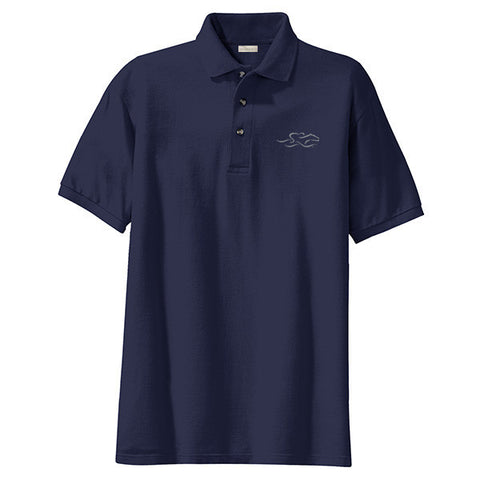 A kids soft navy pique classic polo with EMBRACE THE RACE logo embroidered on the left chest. 