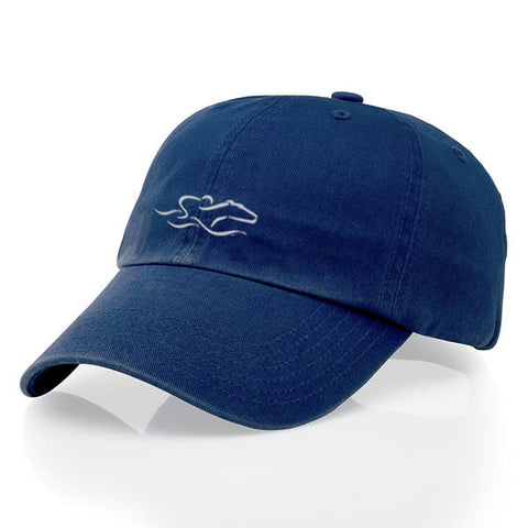 A youth size garment washed cotton twill navy hat/white icon with relaxed crown and adjustable buckle. EMBRACE THE RACE icon center front and wordmark on the back.