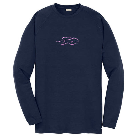 A kids navy performance stay dry long sleeve t-shirt with the EMBRACE THE RACE icon center front in pink. 